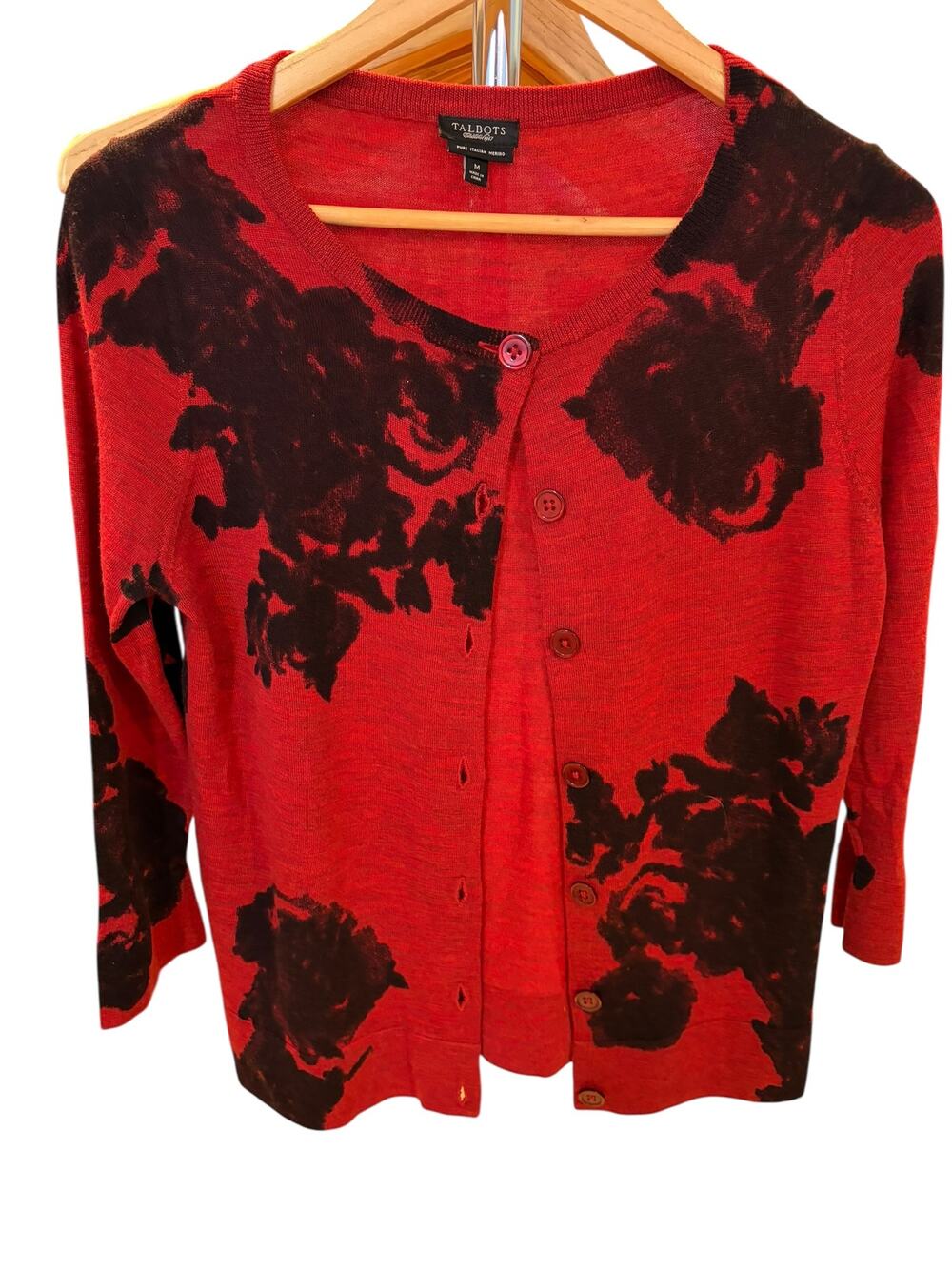 TALBOTS Women's 100% Italian Merino Wool Cardigan Sweater MEDIUM Red Black Rose